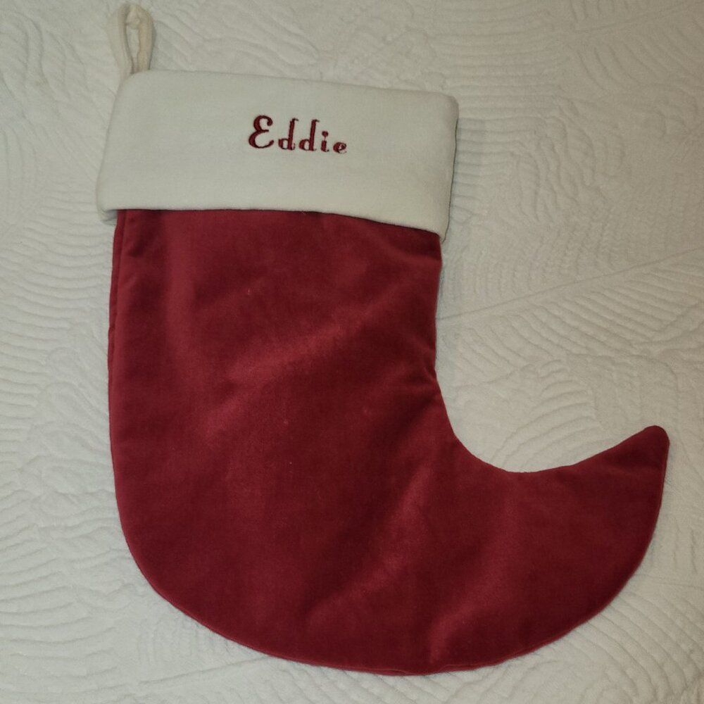 POTTERY BARN Pet Personalized Velvet Red & White Christmas Stocking "Eddie"